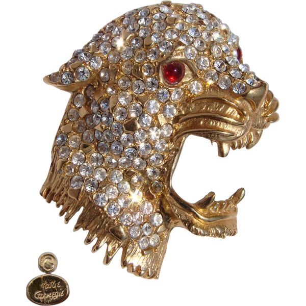 Vintage Hattie Carnegie Brooch - Rhinestone & Gold Toned Leopard Head - Poppy's Vintage Clothing