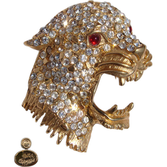 Vintage Hattie Carnegie Brooch - Rhinestone & Gold Toned Leopard Head