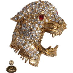 Vintage Hattie Carnegie Brooch - Rhinestone & Gold Toned Leopard Head - Poppy's Vintage Clothing