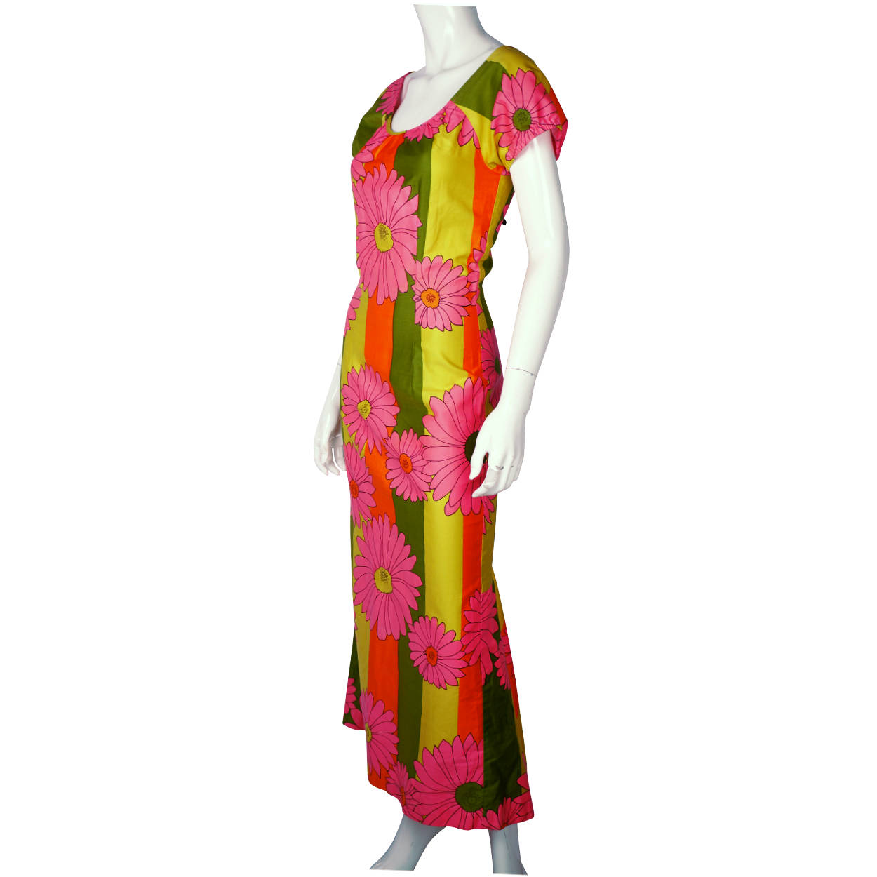 Vintage Hawaiian Dress Pink Floral Maxi Length 1960s Size M - Poppy's Vintage Clothing