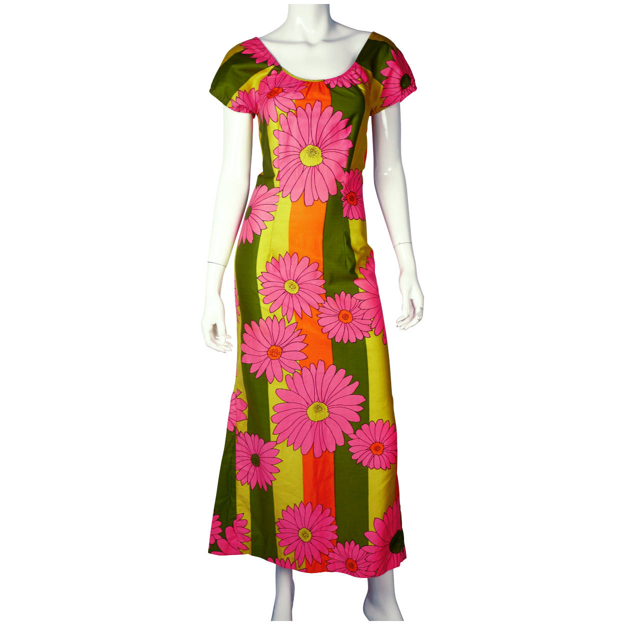 Vintage Hawaiian Dress Pink Floral Maxi Length 1960s Size M - Poppy's Vintage Clothing