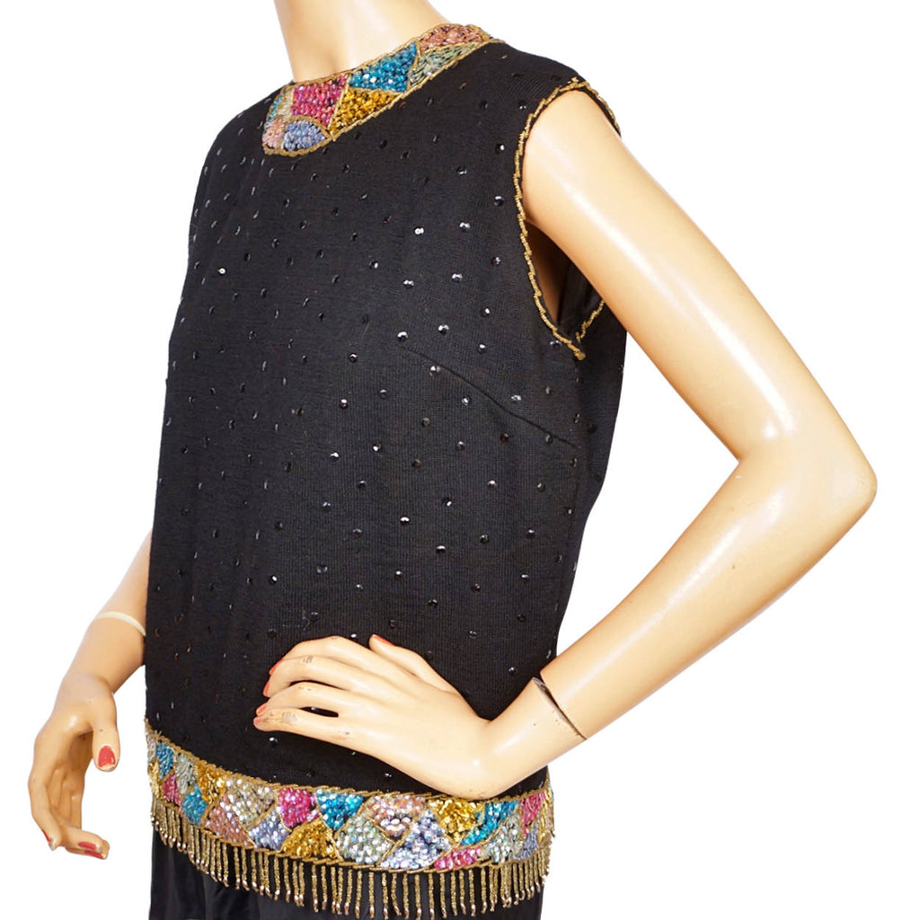 Vintage 1960s Sweater Shell Top Multi Colour Sequin Trim Knit Wool by Heftco L - Poppy's Vintage Clothing