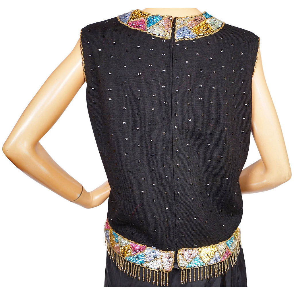 Vintage 1960s Sweater Shell Top Multi Colour Sequin Trim Knit Wool by Heftco L - Poppy's Vintage Clothing