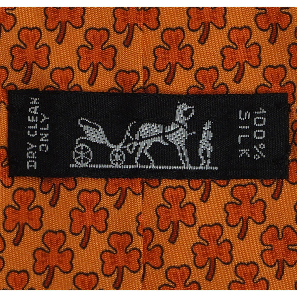 Vintage Hermes Tie Silk 5005 EA Orange 3 Leaf Clover Necktie - Poppy's Vintage Clothing