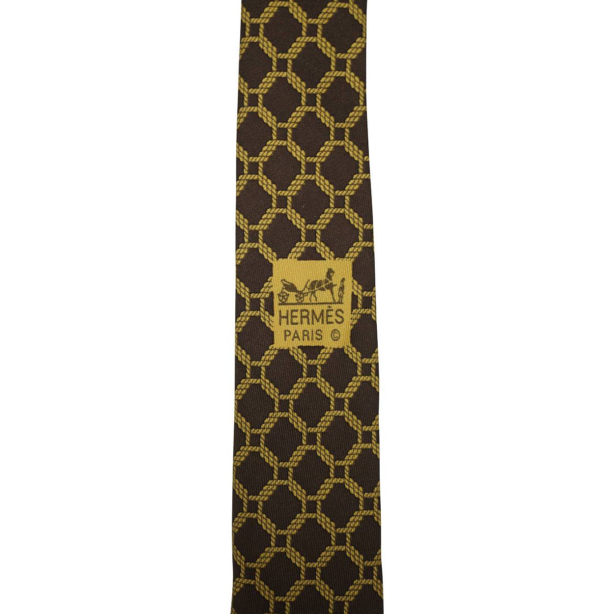 Vintage Hermes Tie Silk Twill 7218 UA Rope Chain Pattern Brown Gold Mens Necktie - Poppy's Vintage Clothing