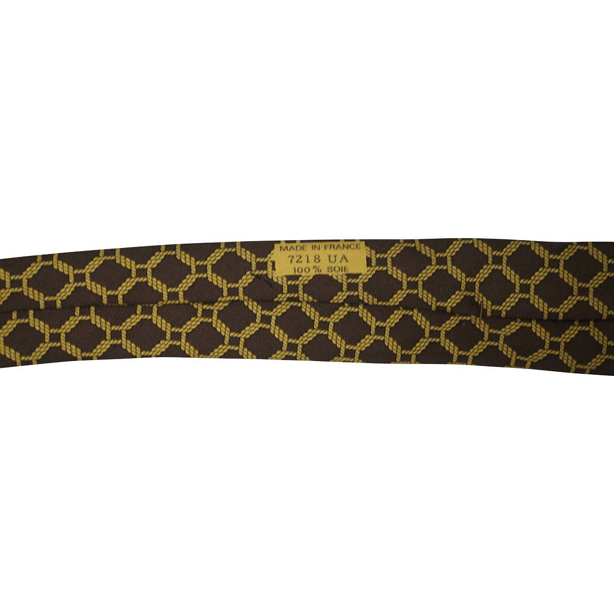 Vintage Hermes Tie Silk Twill 7218 UA Rope Chain Pattern Brown Gold Mens Necktie - Poppy's Vintage Clothing