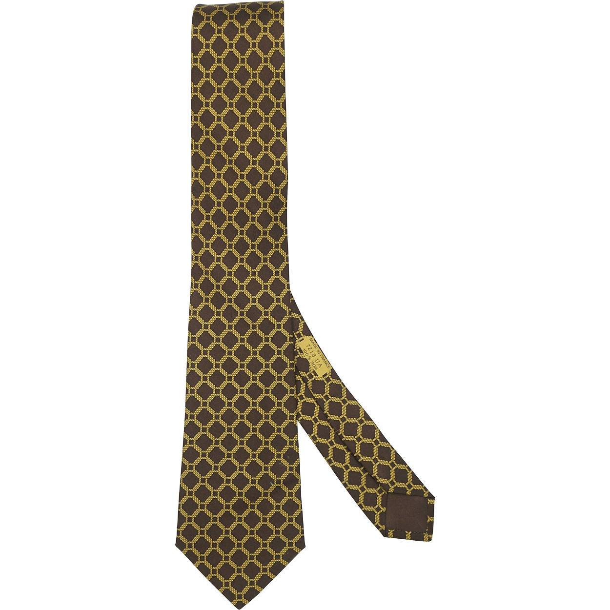 Vintage Hermes Tie Silk Twill 7218 UA Rope Chain Pattern Brown Gold Mens Necktie - Poppy's Vintage Clothing