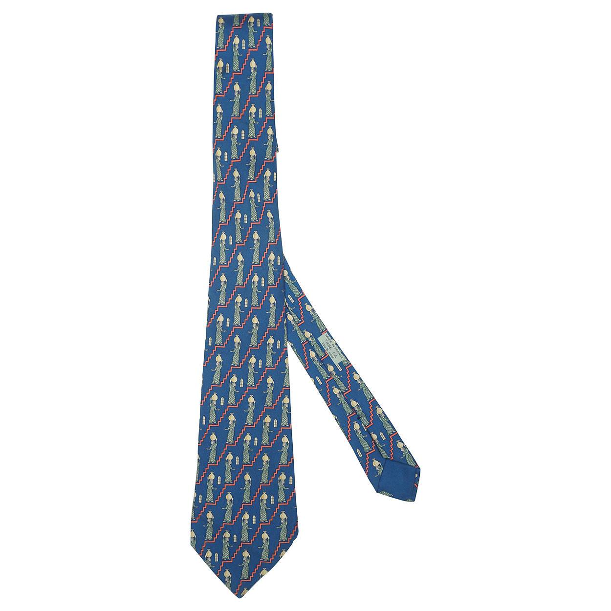 Vintage Hermes Tie Silk Twill 7486 FA Egyptian Water Bearer Pattern Mens Necktie - Poppy's Vintage Clothing