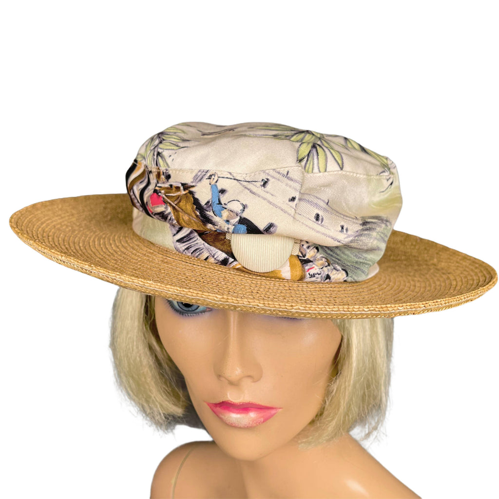 Vintage Motsch for Hermes Paris Hat with Printed Silk Crown and Straw Brim