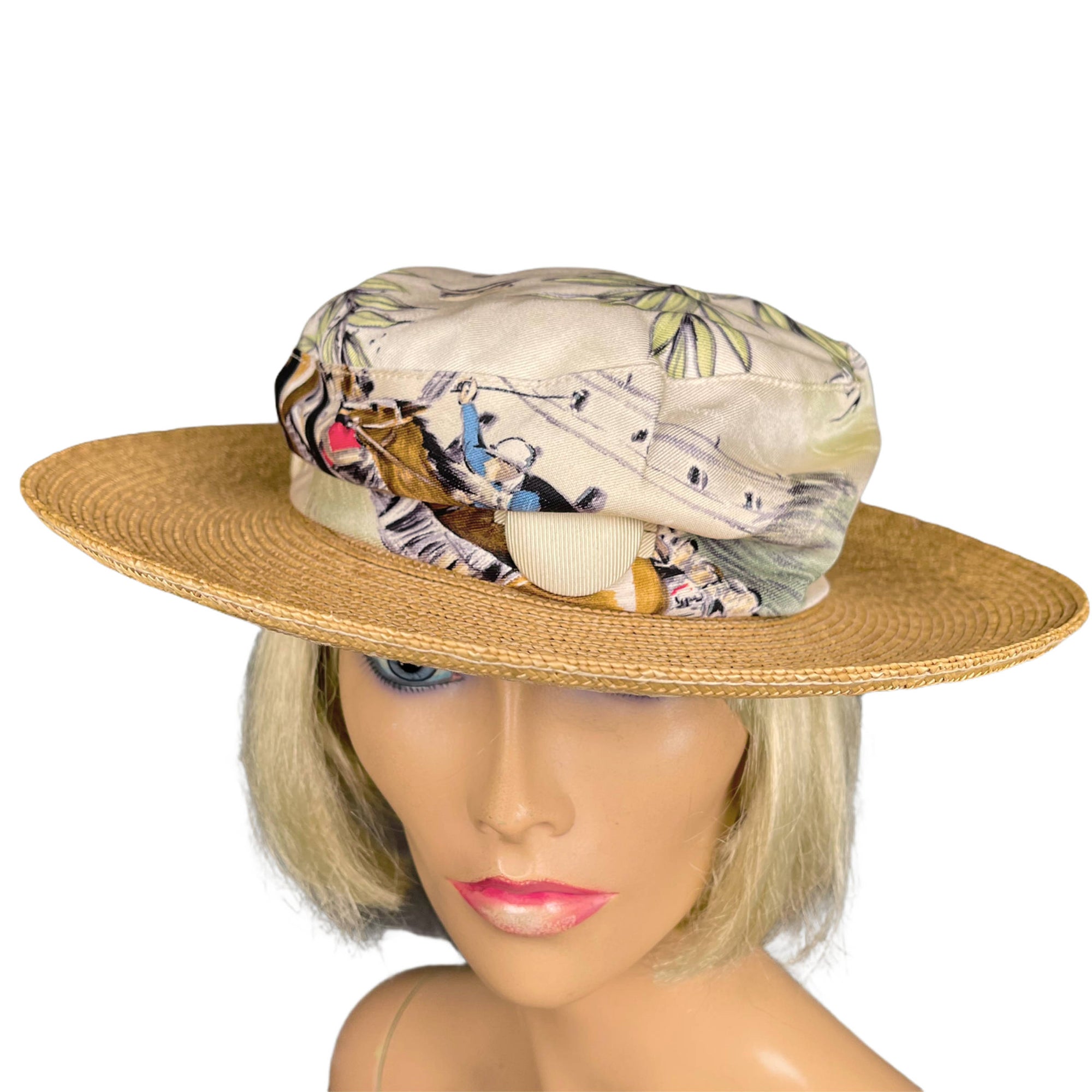 Vintage Motsch for Hermes Paris Hat with Printed Silk Crown and Straw Brim