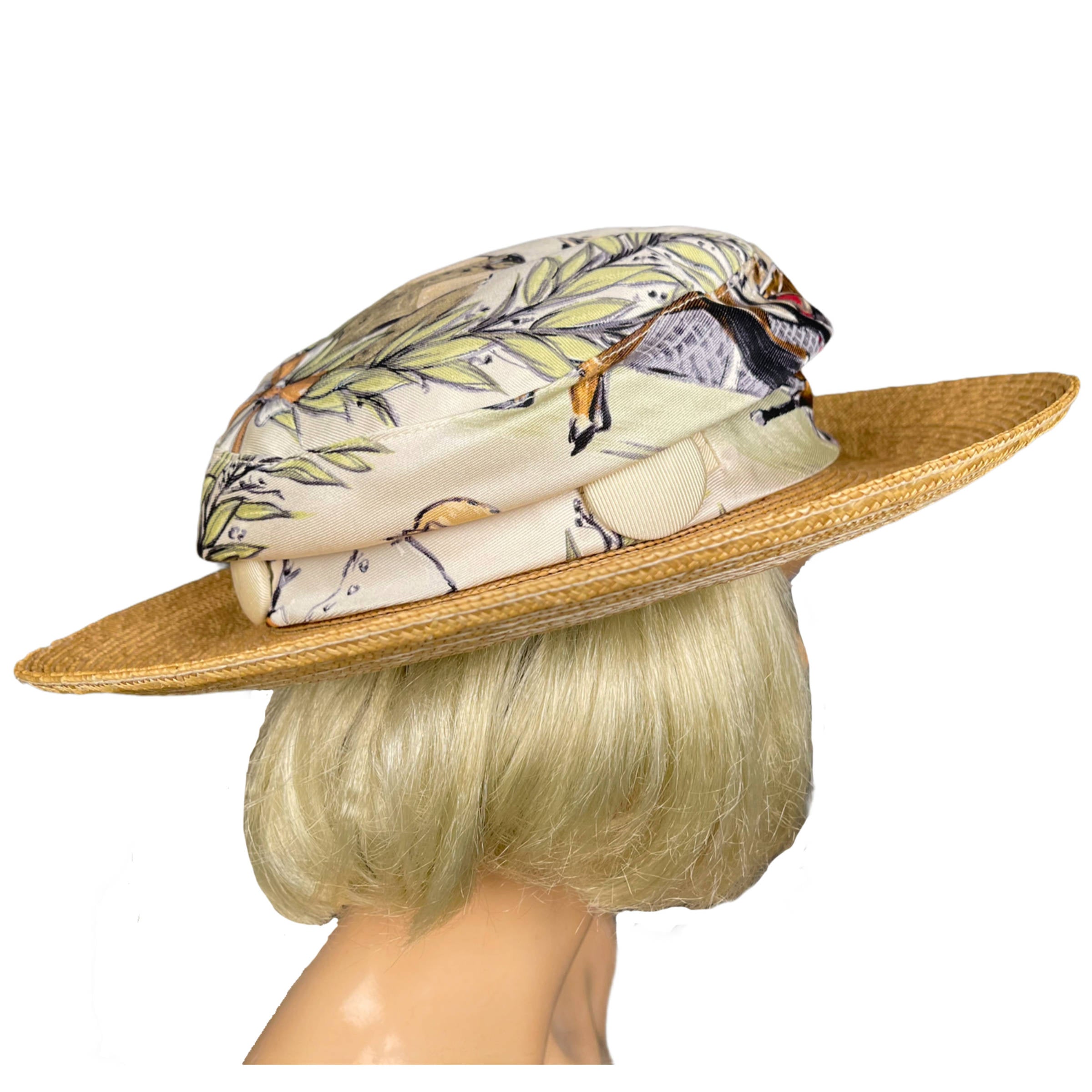 Vintage Motsch for Hermes Paris Hat Silk Crown Straw Brim M