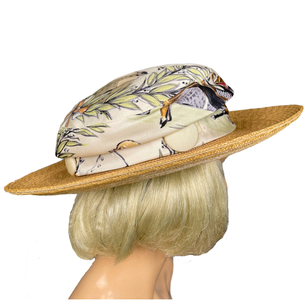 Vintage Motsch for Hermes Paris Hat with Printed Silk Crown and Straw Brim