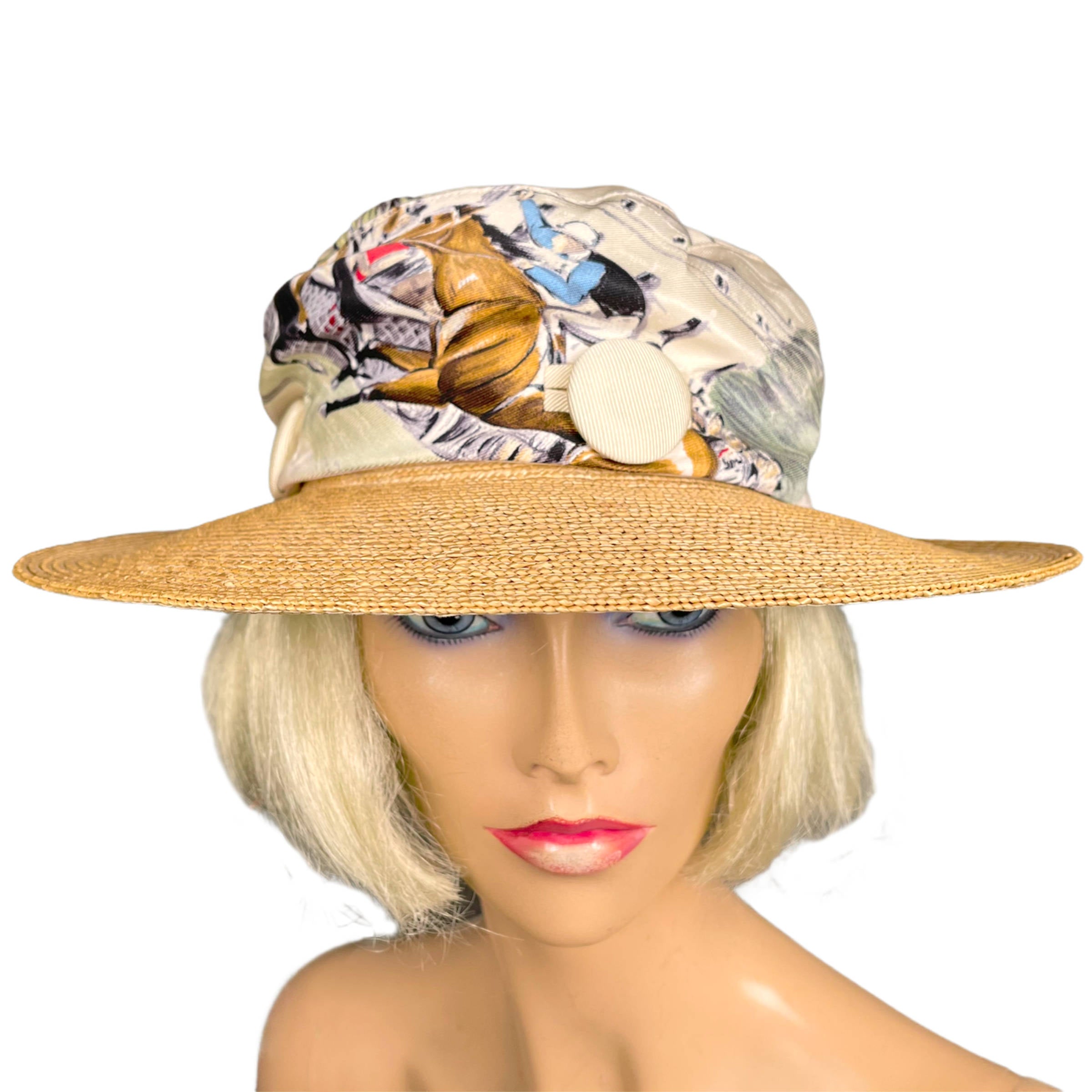 Vintage Motsch for Hermes Paris Hat Silk Crown Straw Brim M