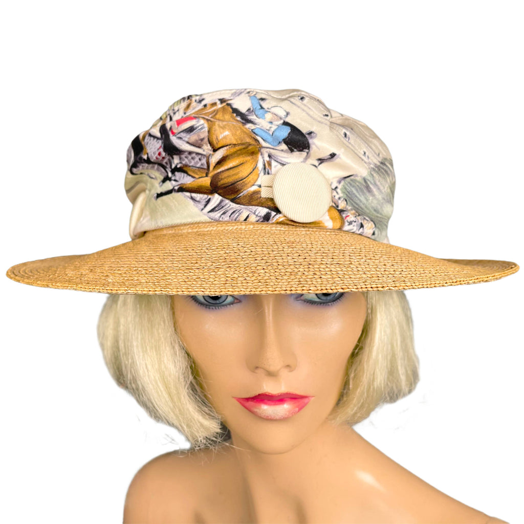 Vintage Motsch for Hermes Paris Hat with Printed Silk Crown and Straw Brim