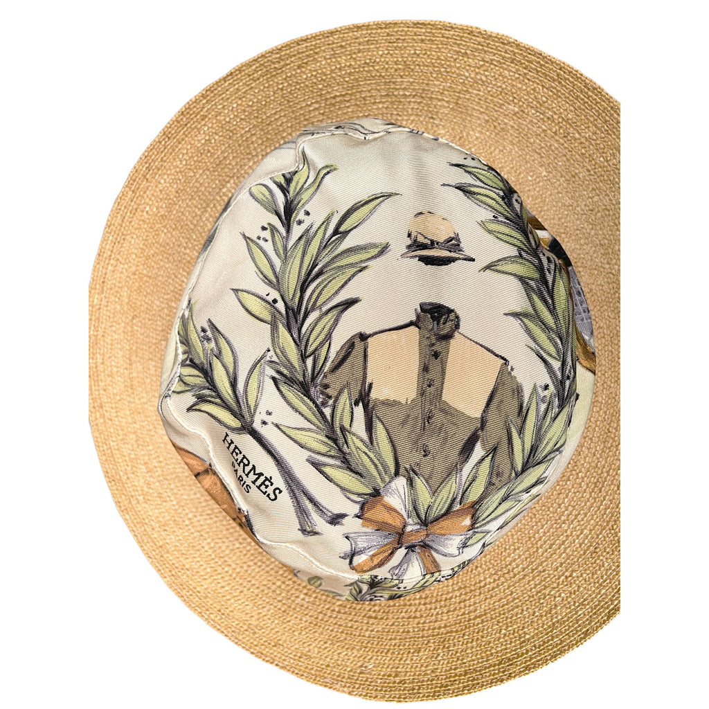 Vintage Motsch for Hermes Paris Hat with Printed Silk Crown and Straw Brim
