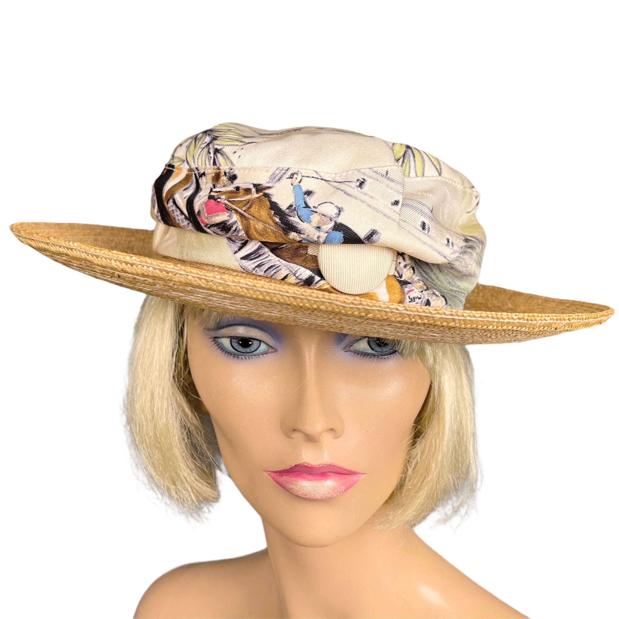 Vintage Motsch for Hermes Paris Hat with Printed Silk Crown and Straw Brim