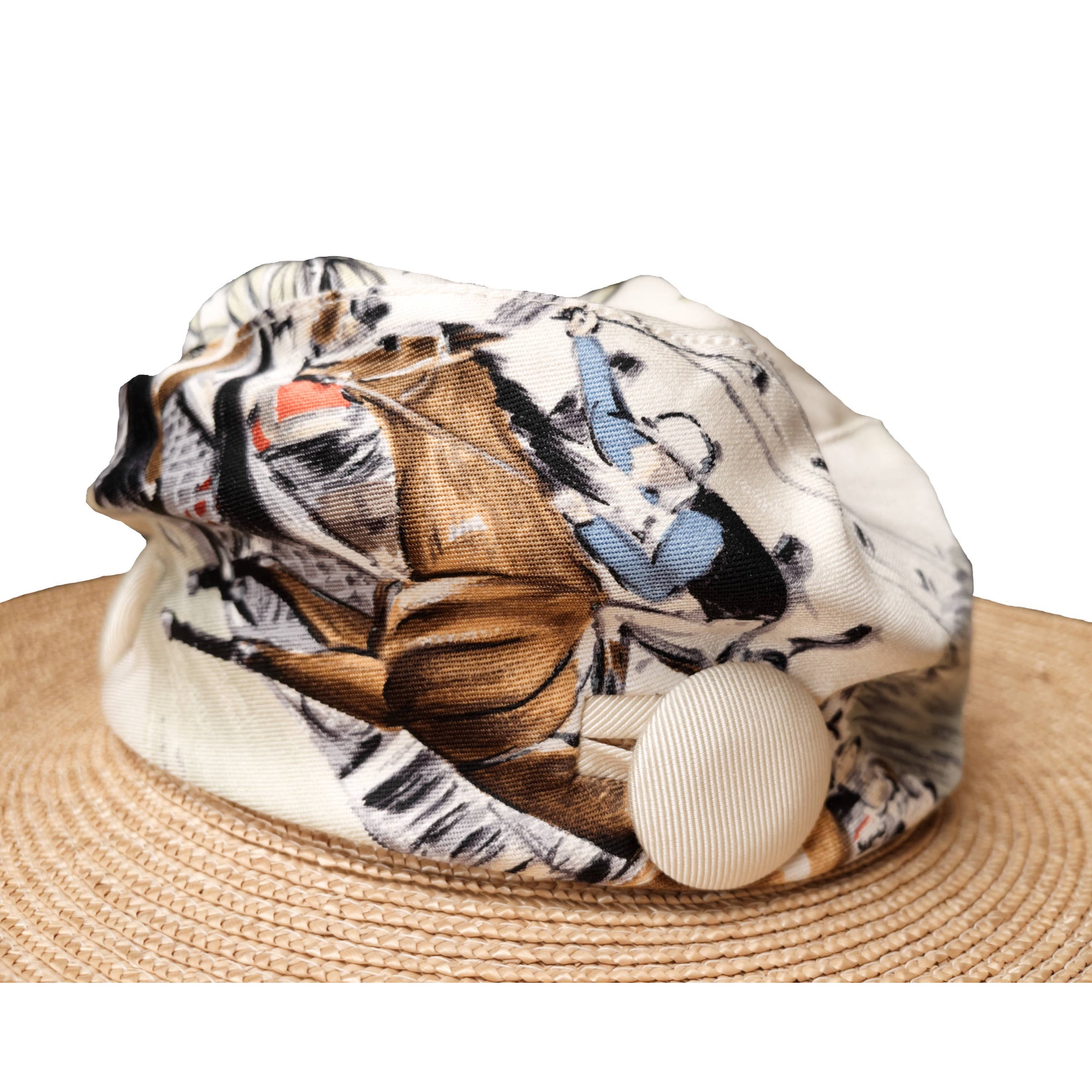 Vintage Motsch for Hermes Paris Hat with Printed Silk Crown and Straw Brim