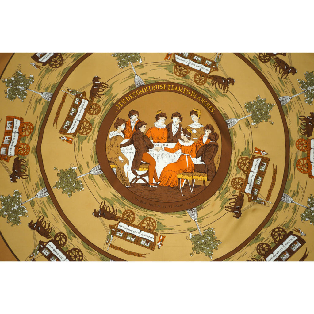 Vintage Hermes Silk Scarf Jeu des Omnibus Hugo Grygkar 35” - Poppy's Vintage Clothing