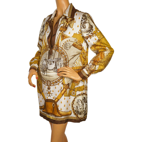 Vintage 1960s Hermes Paris Silk Scarf Shirt Dress Napoleon Pattern