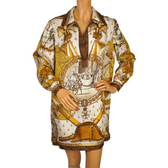 Vintage 1960s Hermes Paris Silk Scarf Shirt Dress Napoleon Pattern Signed Ledoux - Poppy's Vintage Clothing