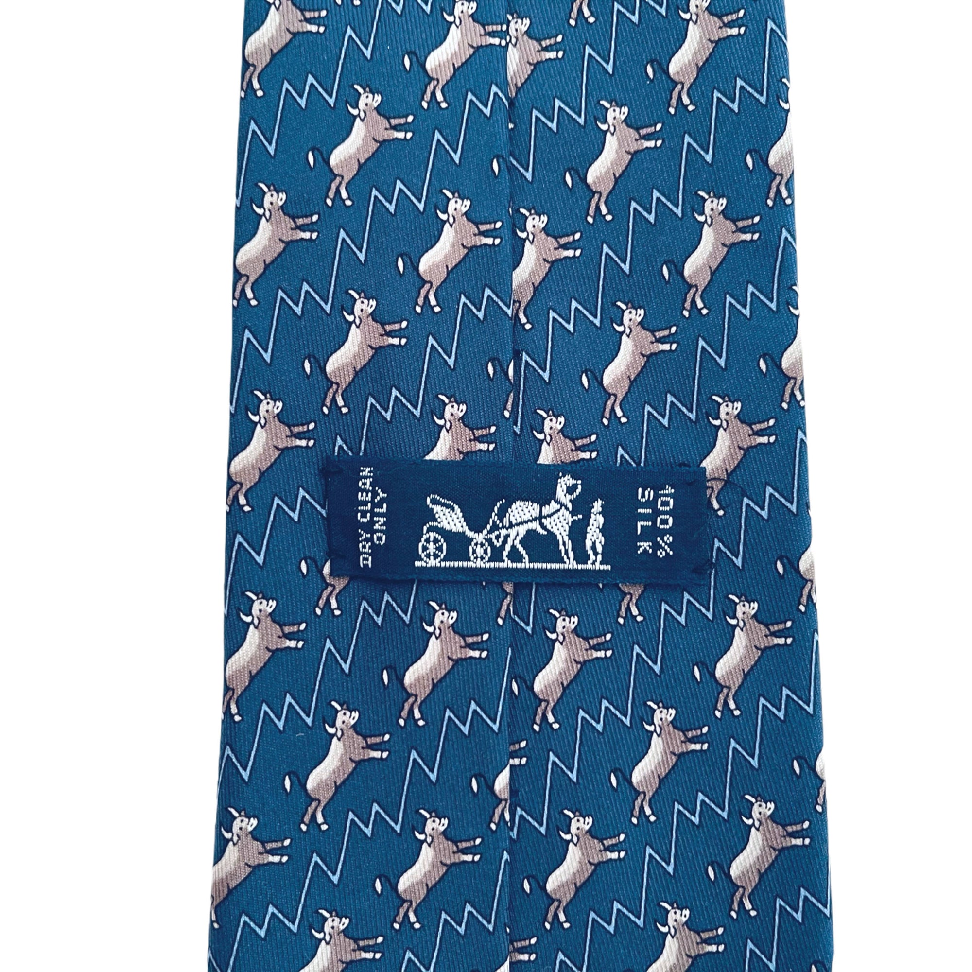 Vintage Hermes Wall Street Tie Bulls and Bears 5456 FA Blue Necktie