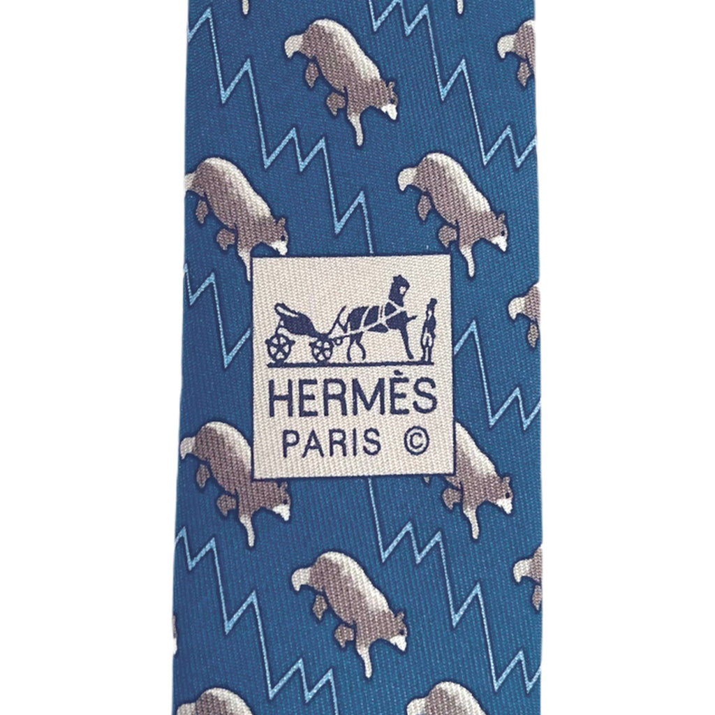 Vintage Hermes Wall Street Tie Bulls and Bears 5456 FA Blue Necktie