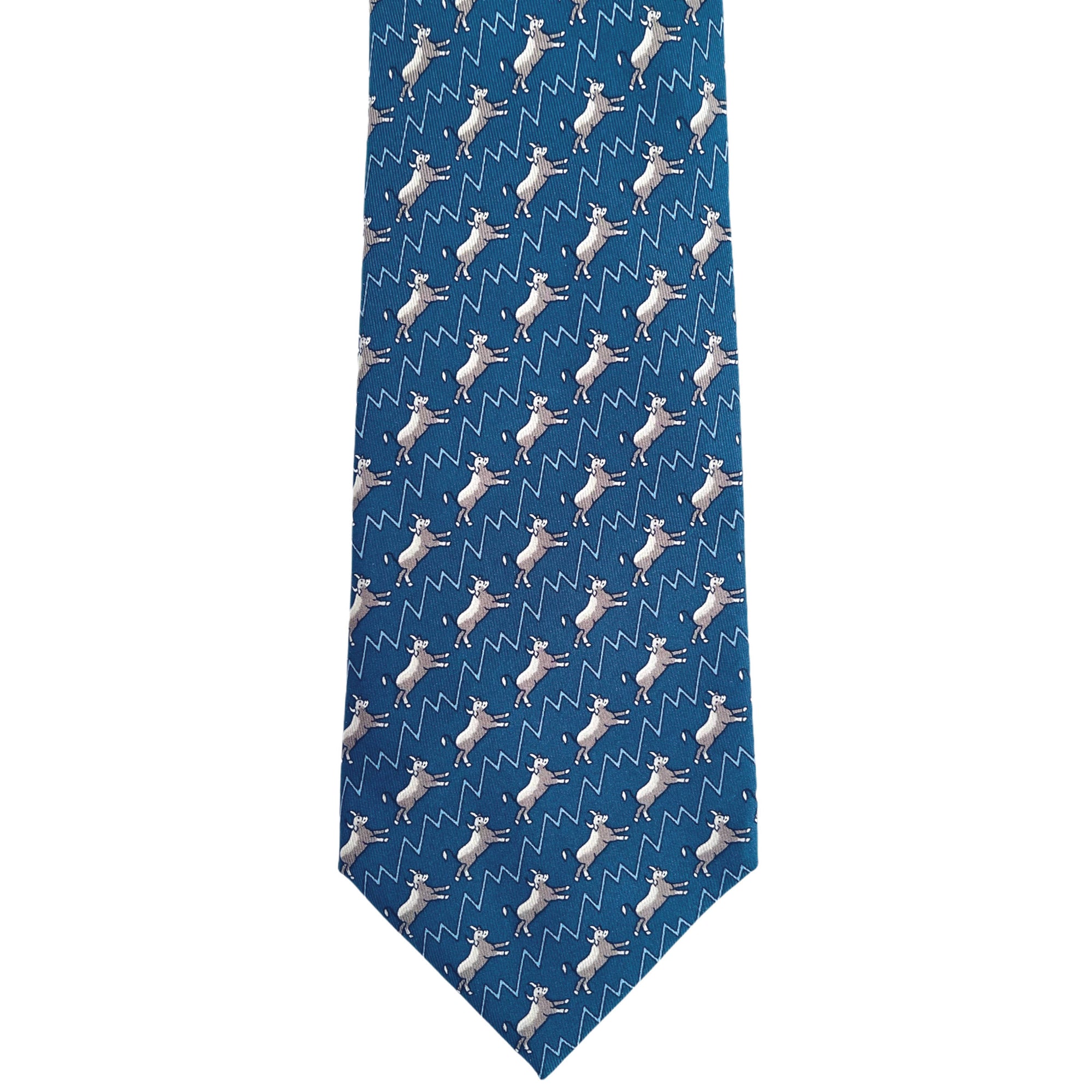 Vintage Hermes Wall Street Tie Bulls and Bears 5456 FA Blue Necktie