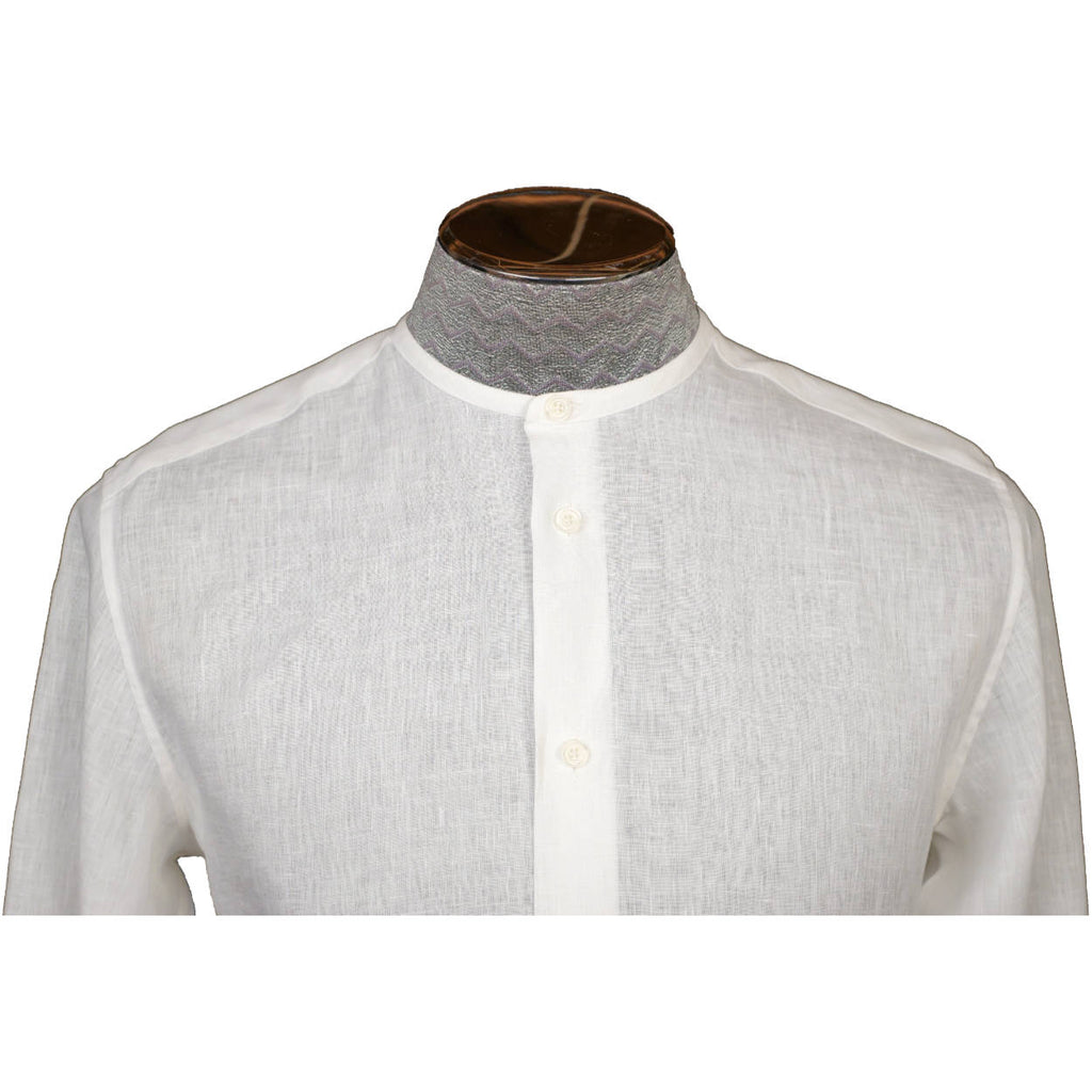 Hermes Paris White Linen Shirt Collarless Style Mens M - Poppy's Vintage Clothing