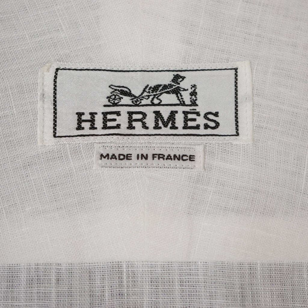 Hermes Paris White Linen Shirt Collarless Style Mens M - Poppy's Vintage Clothing