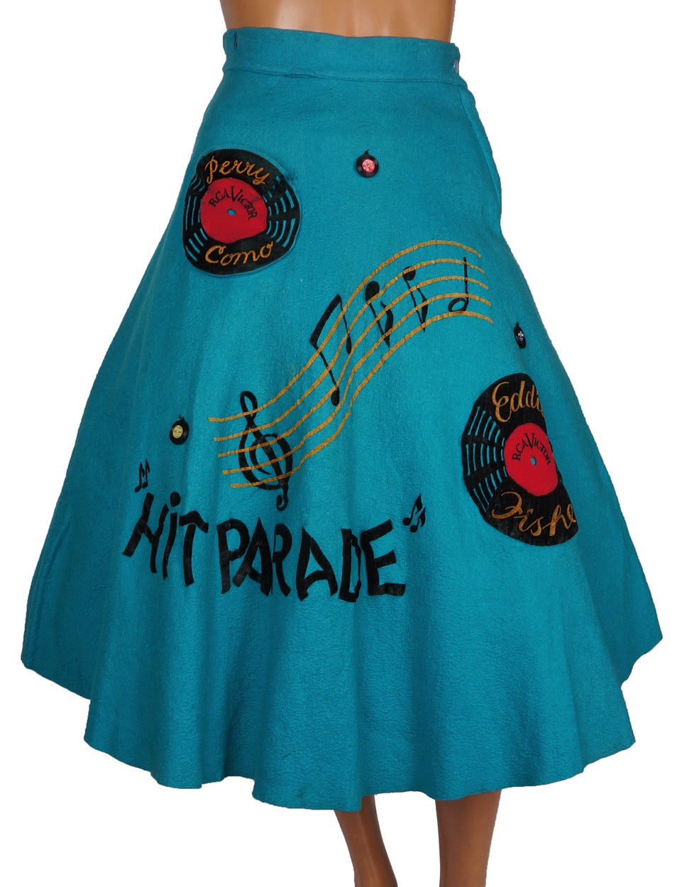 Vintage 50s Felt Circle Skirt Rockabilly Hit Parade Music Theme XS / S - Poppy's Vintage Clothing