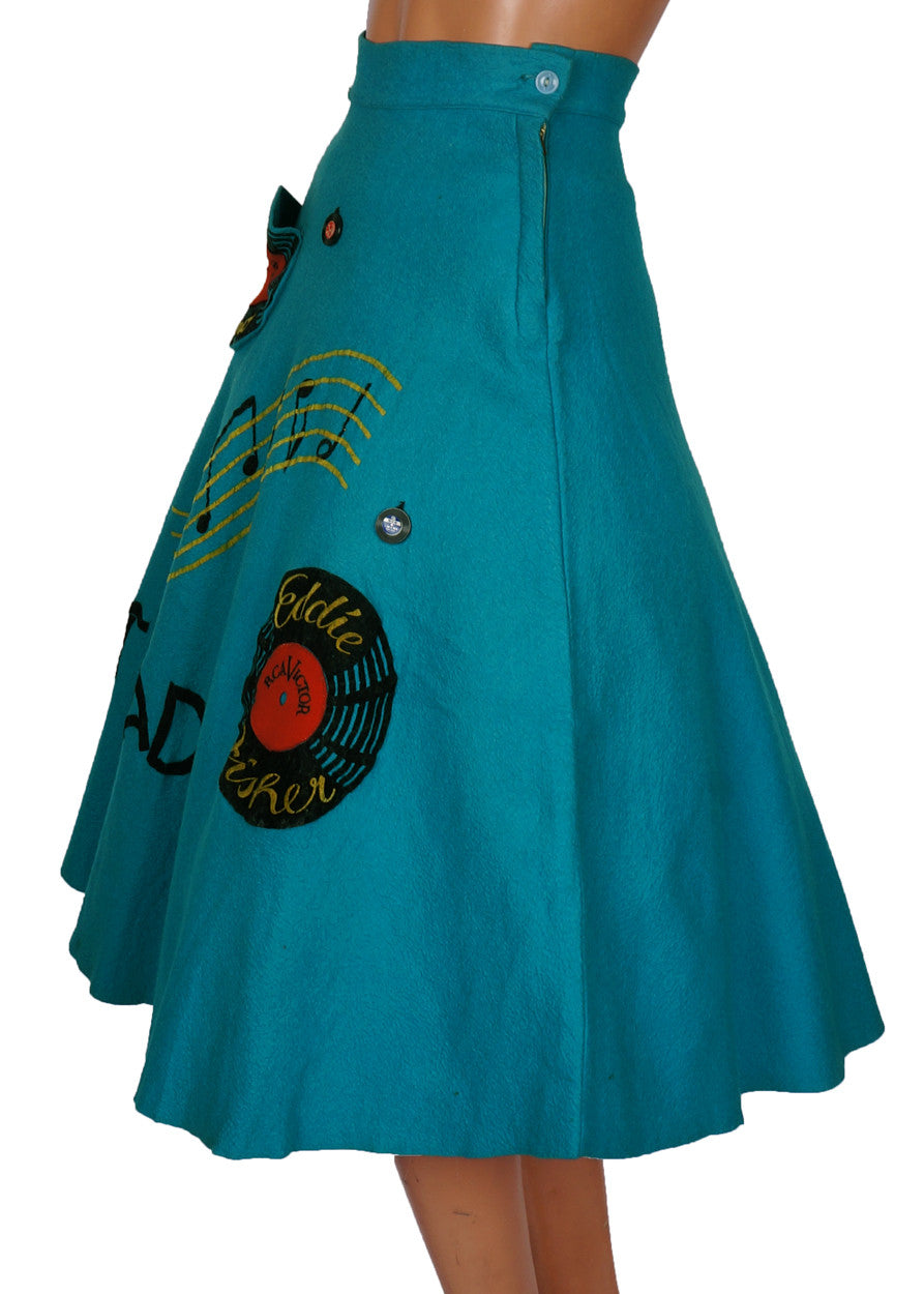 Vintage 50s Felt Circle Skirt Rockabilly Hit Parade Music Theme XS / S - Poppy's Vintage Clothing
