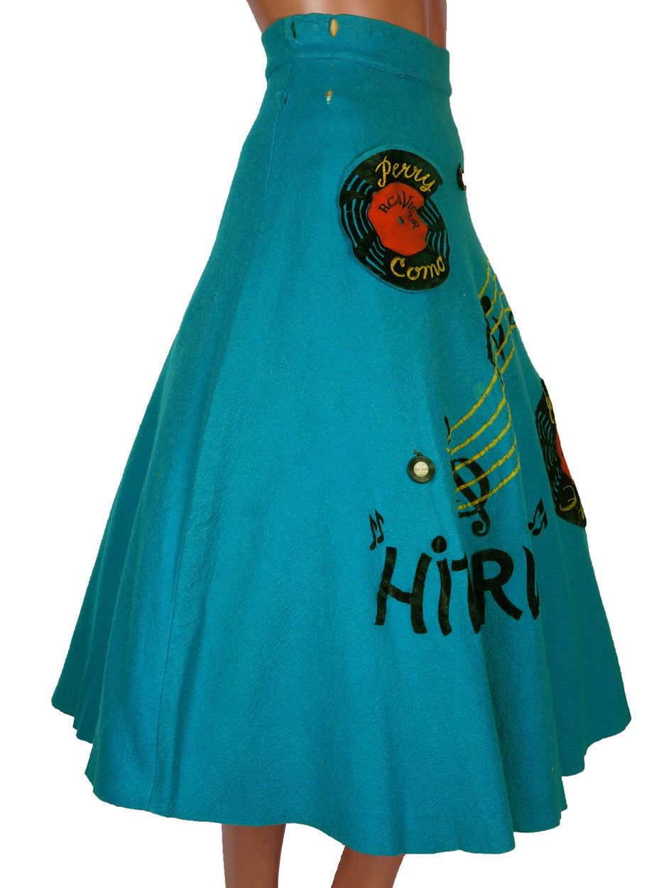 Vintage 50s Felt Circle Skirt Rockabilly Hit Parade Music Theme XS / S - Poppy's Vintage Clothing