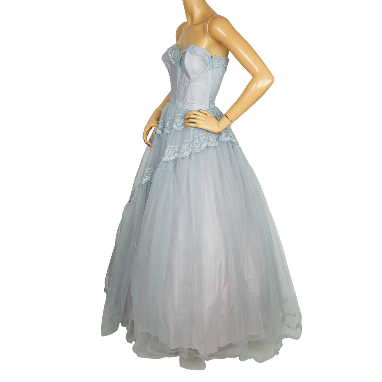 Vintage 50s Prom Dress Blue Tulle Ball Gown Size S - Poppy's Vintage Clothing