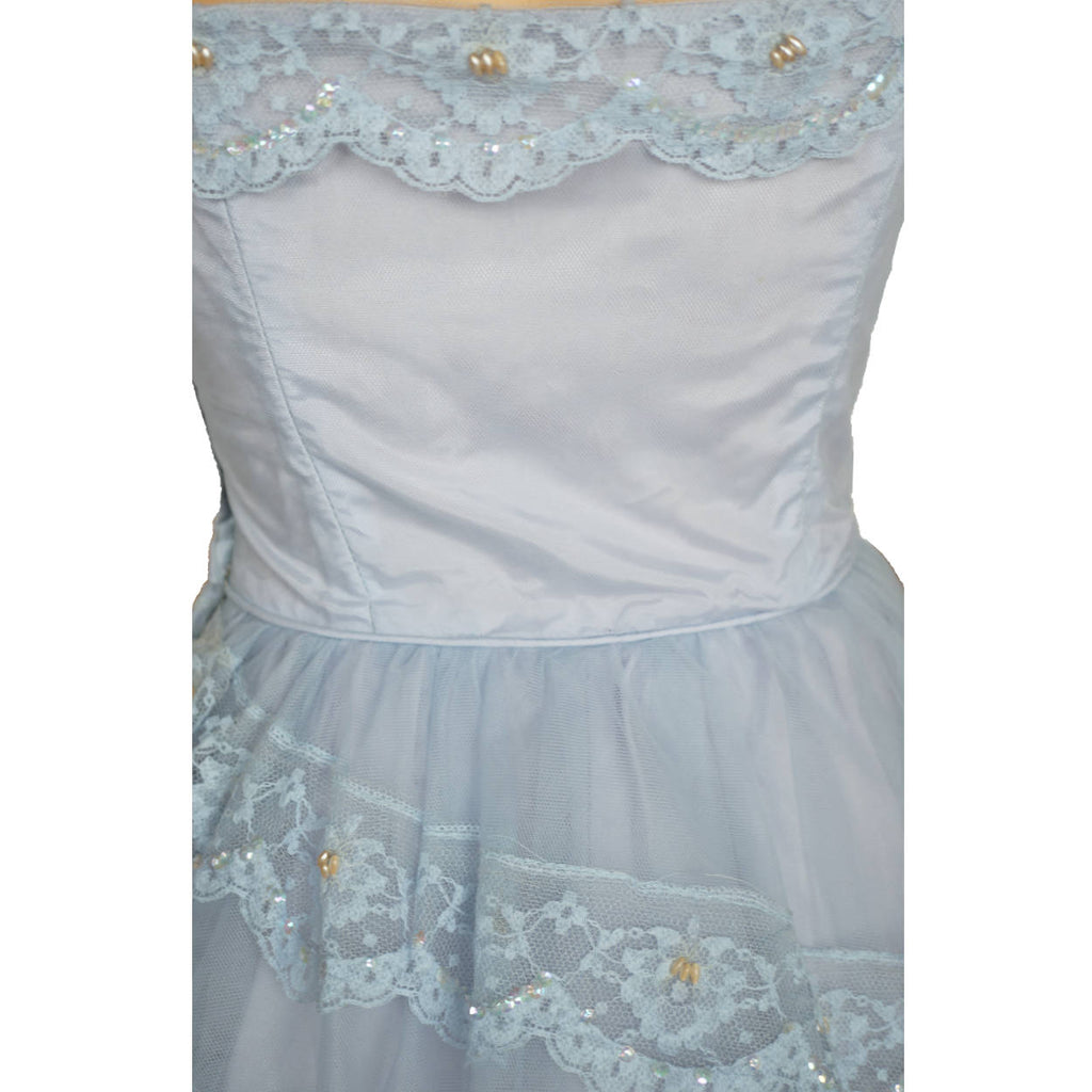 Vintage 50s Prom Dress Blue Tulle Ball Gown Size S - Poppy's Vintage Clothing