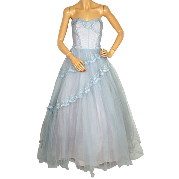 Vintage 50s Prom Dress Blue Tulle Ball Gown Size S - Poppy's Vintage Clothing