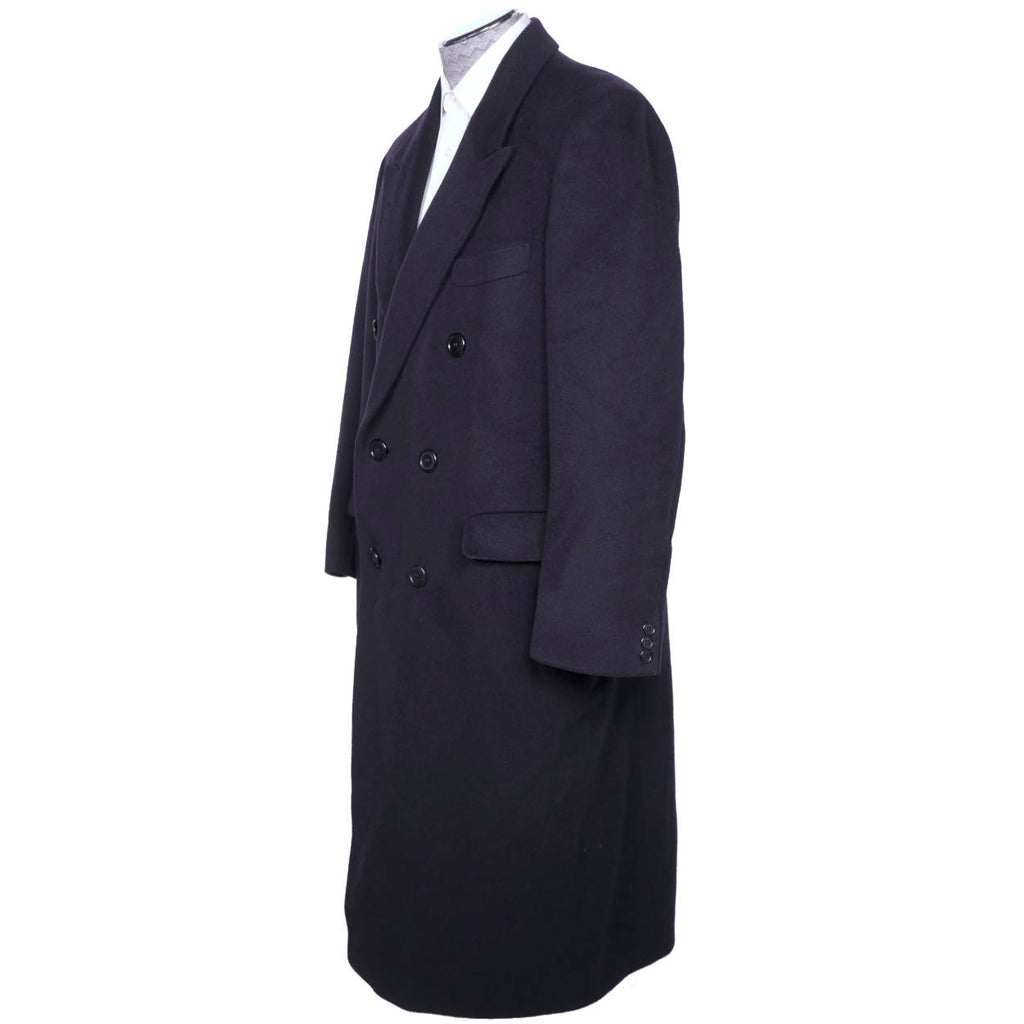Vintage Mens English Wool & Cashmere Coat Navy Blue Overcoat Topcoat Size L 42 - Poppy's Vintage Clothing