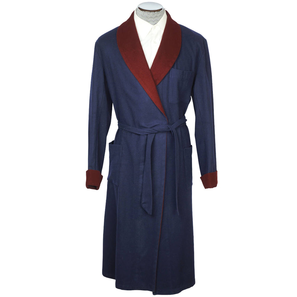 Vintage Mens English Dressing Gown Blue Wool Robe Size L