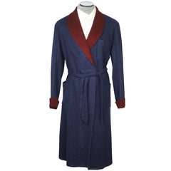 Vintage Mens English Dressing Gown Blue Wool Robe Size L - Poppy's Vintage Clothing