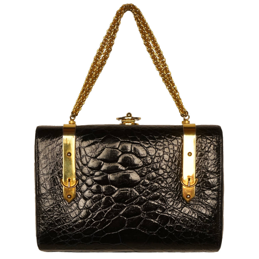 Vintage 1960s Patent Leather Box Purse Faux Alligator Handbag Holt Renfrew Italy - Poppy's Vintage Clothing