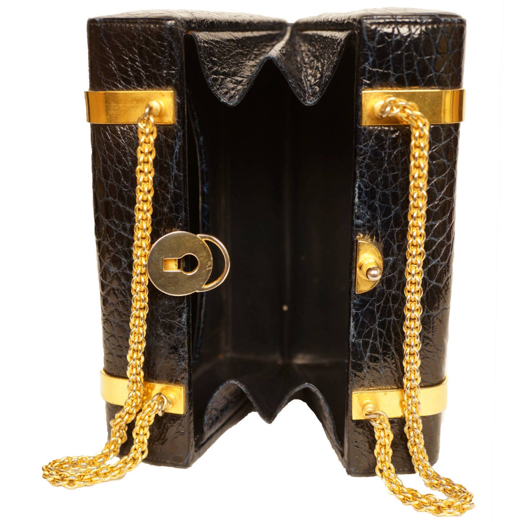 Vintage 1960s Patent Leather Box Purse Faux Alligator Handbag Holt Renfrew Italy - Poppy's Vintage Clothing