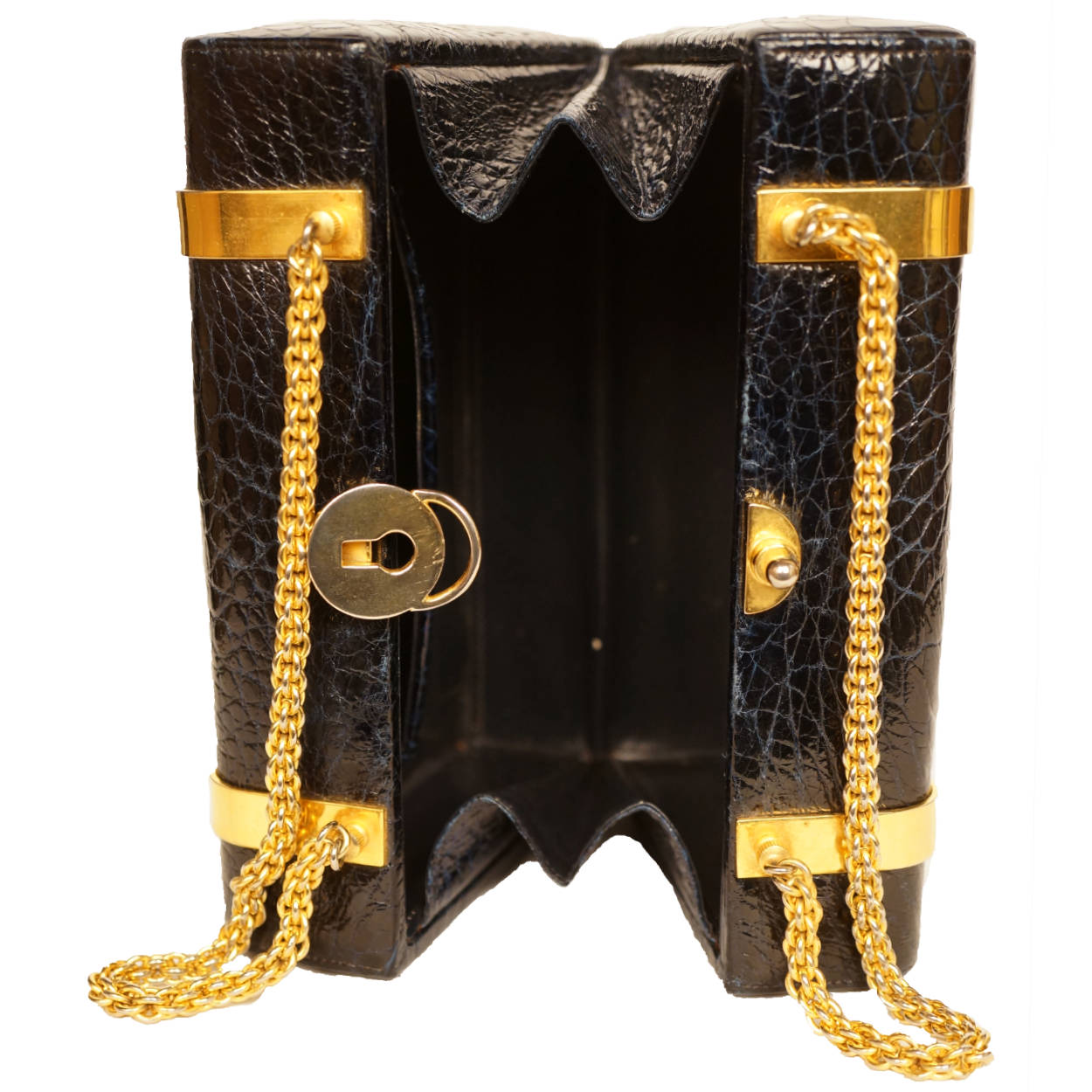 Vintage 1960s Patent Leather Box Purse Faux Alligator Handbag Holt Renfrew Italy - Poppy's Vintage Clothing