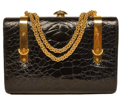 Vintage 1960s Patent Leather Box Purse Faux Alligator Handbag Holt Renfrew Italy - Poppy's Vintage Clothing