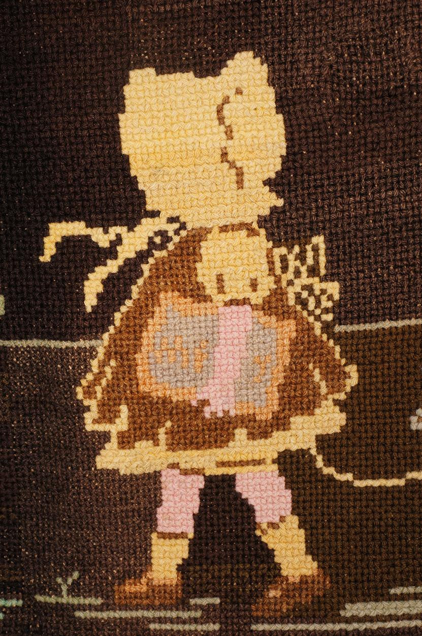 Vintage 1920s Needlepoint Hooked Rug -  Quebec Folk Art - Poppy's Vintage Clothing