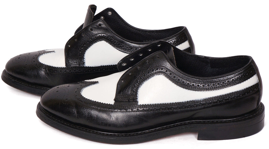Vintage 80s Mens Wingtip Shoes Black & White Leather Hy-Test Safety - 8.5 - Poppy's Vintage Clothing