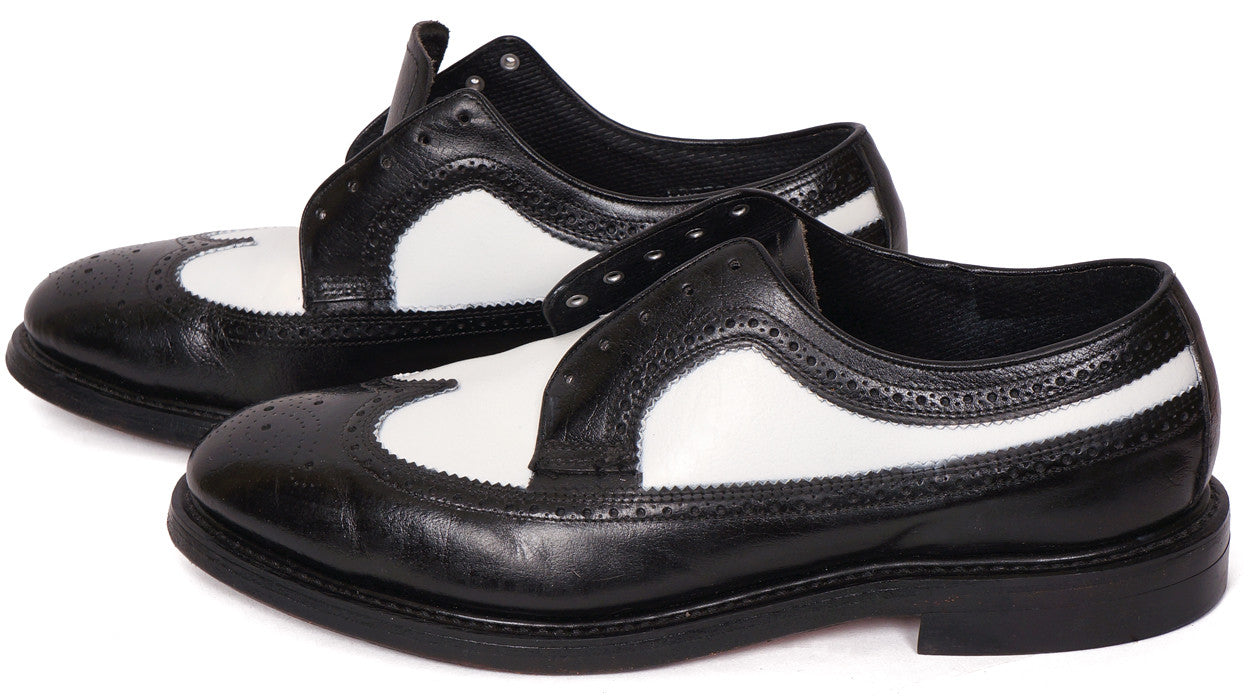 Vintage 80s Mens Wingtip Shoes Black & White Leather Hy-Test Safety - 8.5 - Poppy's Vintage Clothing
