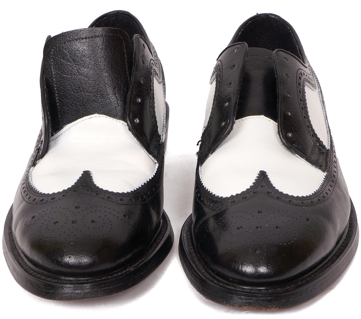 Vintage 80s Mens Wingtip Shoes Black & White Leather Hy-Test Safety - 8.5 - Poppy's Vintage Clothing