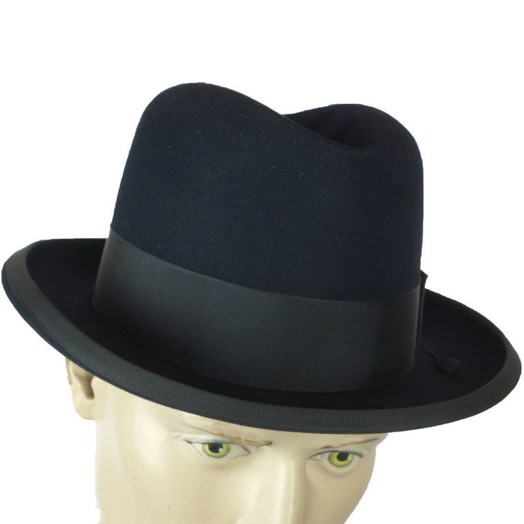 Vintage 1950s Stetson Imperial Homburg Hat Black Fur Felt Fedora Size 7 1/4 - Poppy's Vintage Clothing