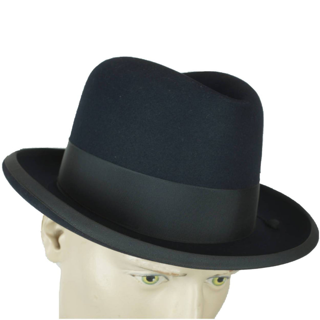 Vintage 1950s Stetson Imperial Homburg Hat Black Fur Felt Fedora Size 7 1/4 - Poppy's Vintage Clothing