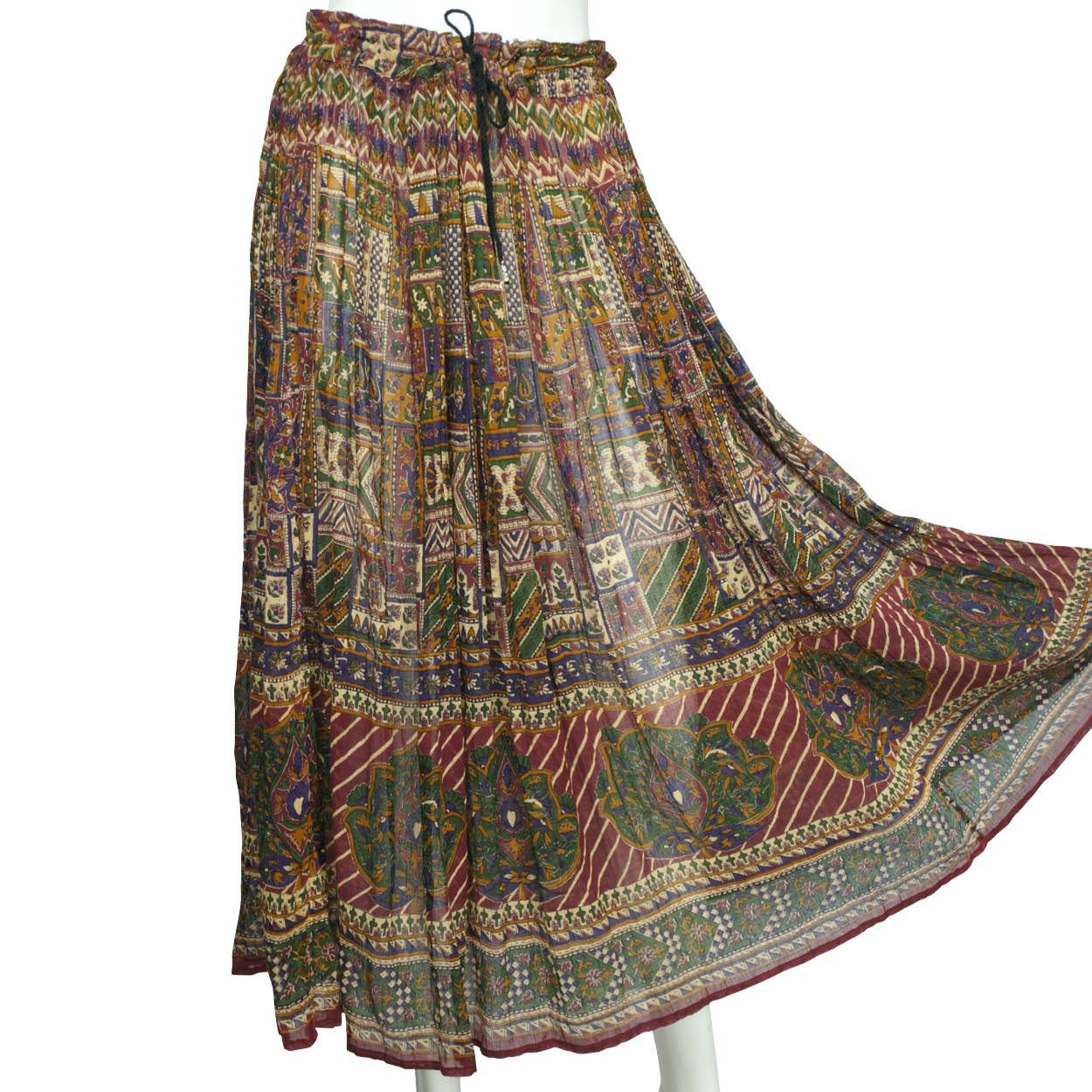 Vintage 1970s Indian Gauze Cotton Skirt w Floral Block Printed Pattern One Size - Poppy's Vintage Clothing