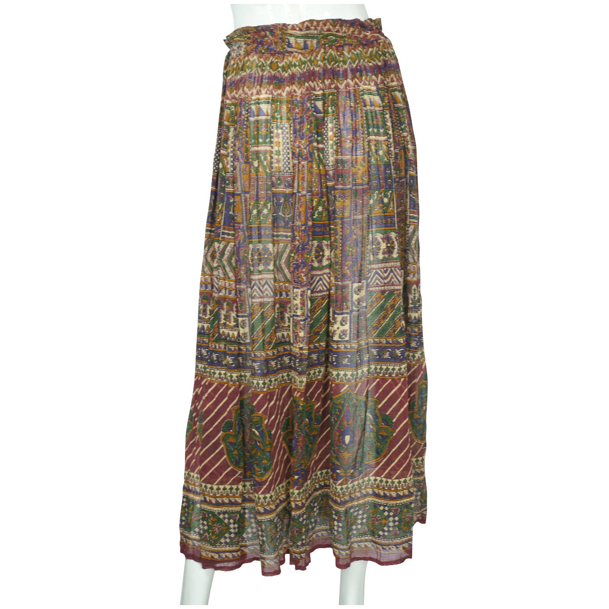 Vintage 1970s Indian Gauze Cotton Skirt w Floral Block Printed Pattern One Size - Poppy's Vintage Clothing